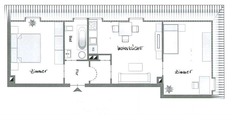 Grundriss einer 3-Zimmer-Dachgeschosswohnung mit Flur, Badezimmer, Schlafzimmer, Wohnzimmer und Küche