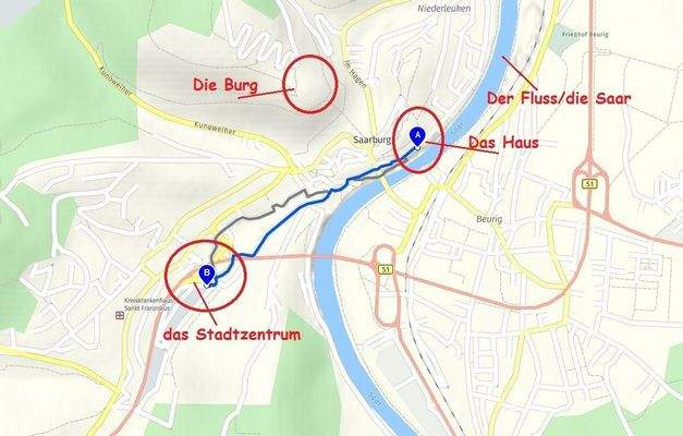 Lageplan: Haus, Zentrum, Burg, Fluss -die Saar- 