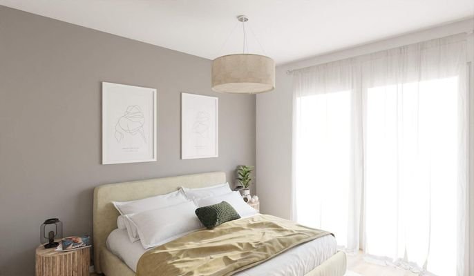 Helles und komfortables Schlafzimmer dank bodentiefer Fenster