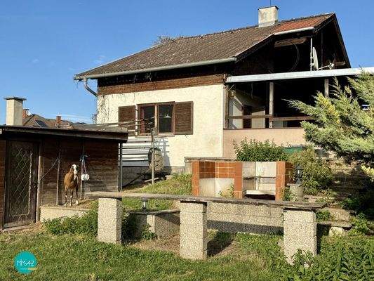 Außenansicht mit Garten und Grill