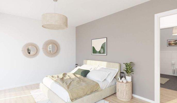 Helles und komfortables Schlafzimmer mit direktem 