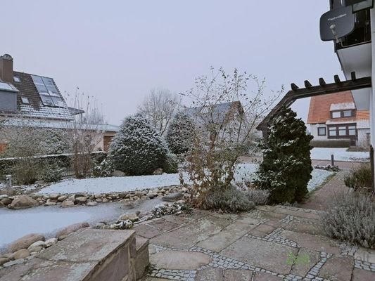zugefrorener Gartenteich (links)