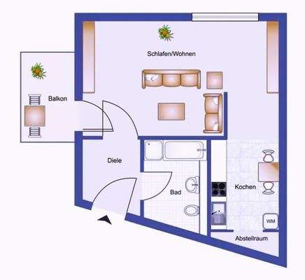 1 Zimmer virtuelle Grafik der Whg. 3.12