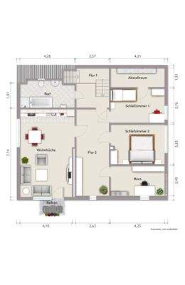 Grundriss Dachgeschoss (nicht maßstabsgerecht, Möblierungsbeispiel)