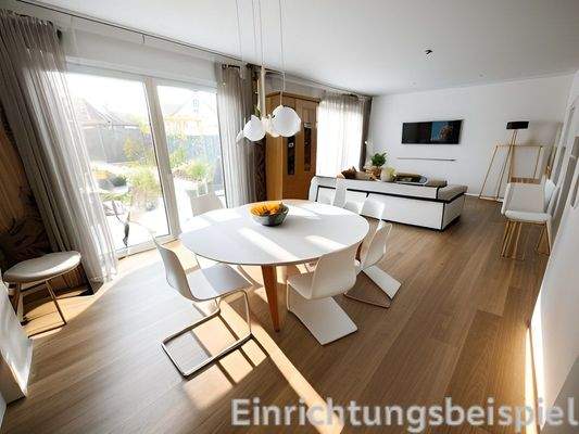 Wohn-/Esszimmer Musterhaus (Einrichtungsbeispiel KI)