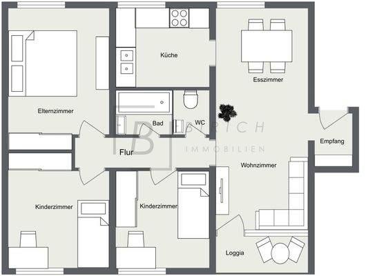 Bitte beachten Sie, dass der dargestellte Grundriss nicht maßstabsgetreu ist und lediglich der Orientierung dient.