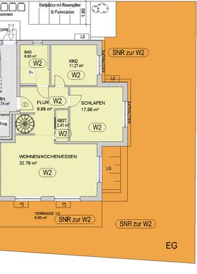Grundriss EG mit Darstellung Garten in Orange