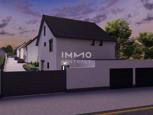 Straßenansicht Haus 1 Dämmerung