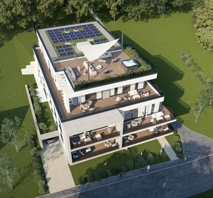 Perspektive von oben mit Rooftop + PV-Anlage - The Bird