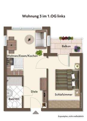 Grundriss mit beispielhafter Möblierung