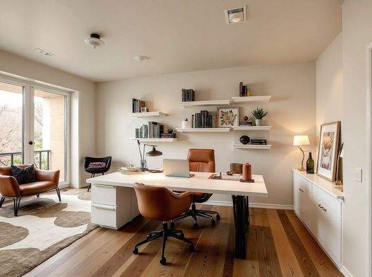 Lichtdurchflutetes Home-Office mit intelligenter Regalwand und Balkonzugang - Arbeiten auf höchstem Komfortniveau