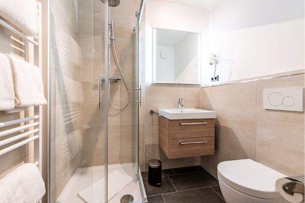 schönes, helles Badezimmer mit Dusche und WC, Handtuchheizkörper