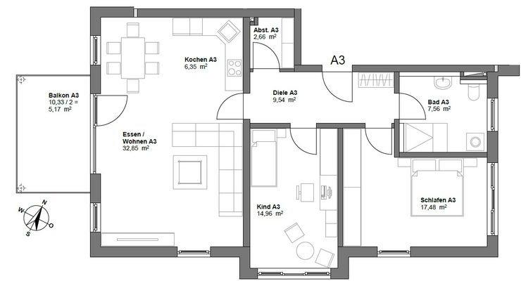 Grundriss Wohnung Nr. A3 (nicht maßstabsgetreu - kann vom Original abweichen)