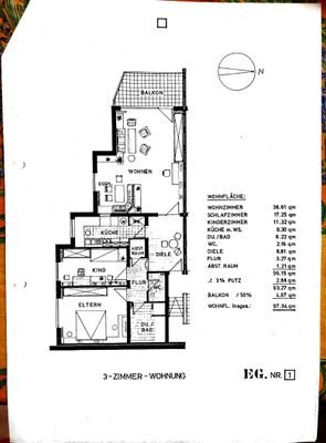Wohnungsgrundriss mit Wohnflächenberechnung