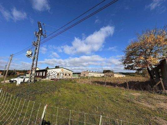 Blick auf das Grundstück mit den Hallen u. dem EFH