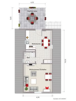 Grundriss Dachgeschoss (nicht maßstabsgerecht, Möblierungsbeispiel)