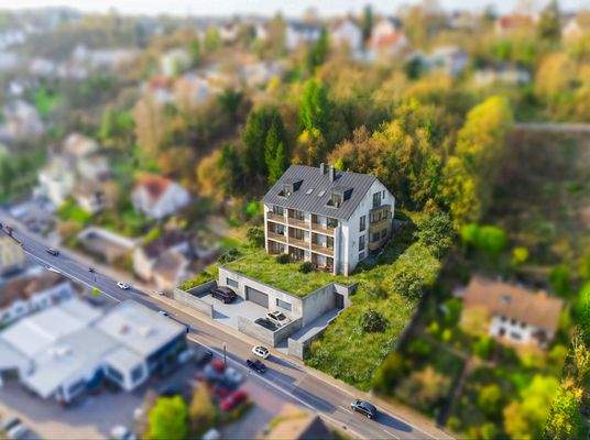 Visualisierte Darstellung der geplanten Mehrfamilienwohnanlage mit Tiefgarage auf dem angebotenen Baugrundstück