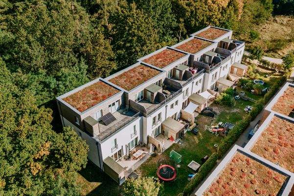 Außenansicht der Reihenhäuser mit begrünten Dächern 