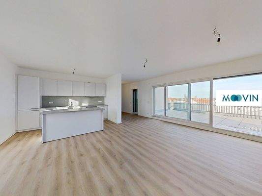 Ansicht I: Großzügiges Wohn- und Esszimmer mit angrenzender Dachterrasse