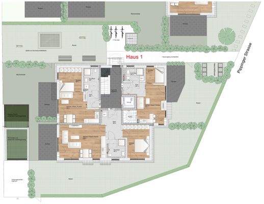 Erdgeschoss mit Aussenanlagen Haus 1