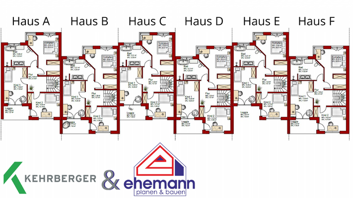 Grundriss vom Obergeschoss, Reihenhäuser