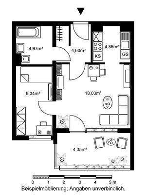 Grundriss mit Flur (4,60 qm,), Badezimmer (4,97 qm), Küche (4,86 qm), Schlafzimmer (9,34 qm), Wohnzimmer (18,03 qm) und Balkon (4,35 qm) 