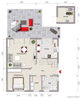 Grundriss Erdgeschoss (nicht maßstabsgerecht, Möblierungsbeispiel)