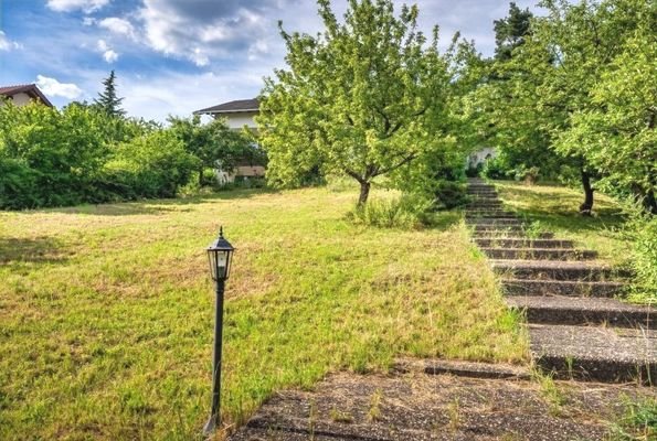 Garten mit Baumbestand und beleuchtete Treppenanlage zum Haus