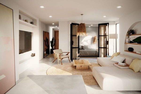 Modernes Wohnzimmer mit direkt anliegendem Schlafzimmer