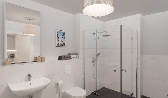 Modern gefliestes Badezimmer mit bodengleicher Dus
