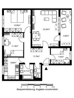 Grundriss mit Wohnzimmer (ca. 23,35 m²), Schlafzimmer (ca. 14,90,m²), Kinderzimmer (ca. 11,18 m²), Kinder-/Arbeitszimmer (ca. 7,43 m²), Bad (ca. 4,71 m²), Gäste-WC (ca. 2,08 m²), Küche (ca. 8,69 m²), Flur (ca. 11,79 m²) und Loggia (ca. 4,02 m²)