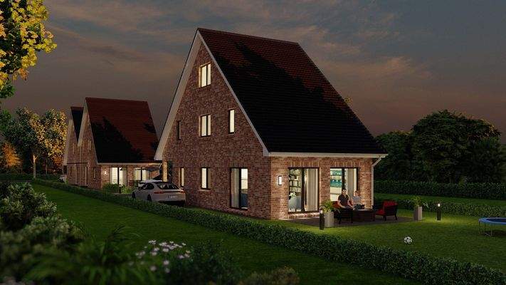 Ansicht Dämmerung EFH Gartenansicht