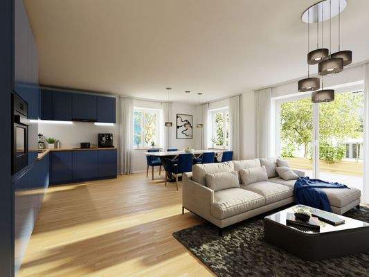Der lichtdurchflutete Wohnbereich mit offener Küche