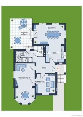 Grundrissskizze Erdgeschoss - nicht maßstabsgetreu - Möblierung dient lediglich zur Veranschaulichung und ist nicht Bestandteil des Hauses
