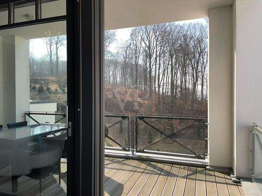 Blick vom Balkon in Garten mit Pool