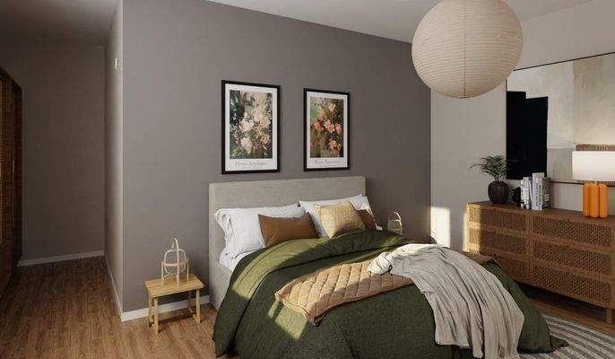 Helles und komfortables Schlafzimmer mit Platz für eine Ankleide