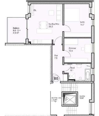 Grundriss zur Wohnung B5 - nicht maßstabsgetreu