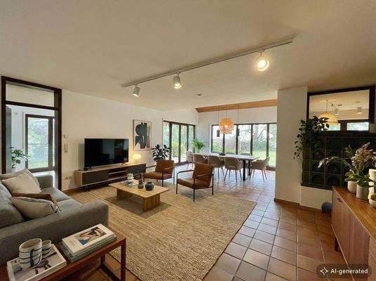 Der Mittelpunkt des Hauses ist der Wohnraum, hier mit einer möglichen  Einrichtungsidee