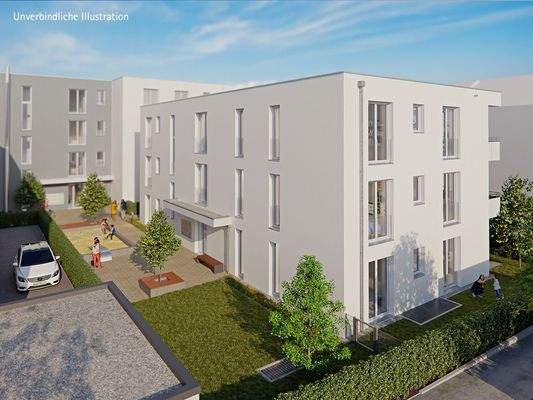 Unverbindliche Illustration: Ansicht Innenhof Haus 2 + Haus 1