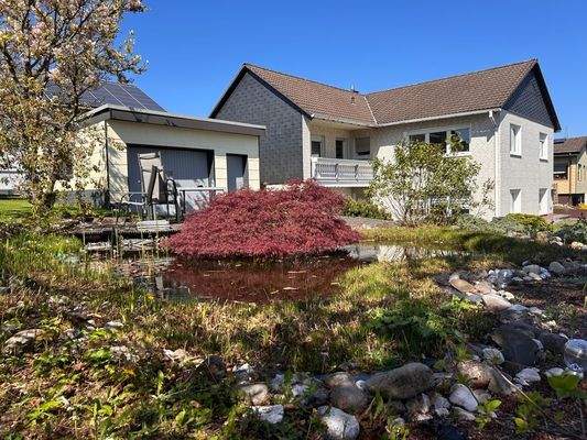 Straßenansicht mit Teich