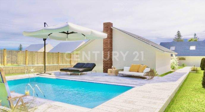 Außen Visualisierung Gartenhäuschen und Pool