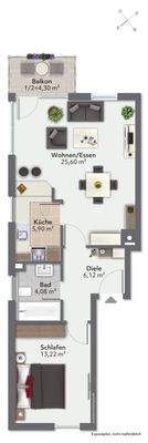 Grundriss der 2-Zimmer-Wohnung in Bogenhausen
