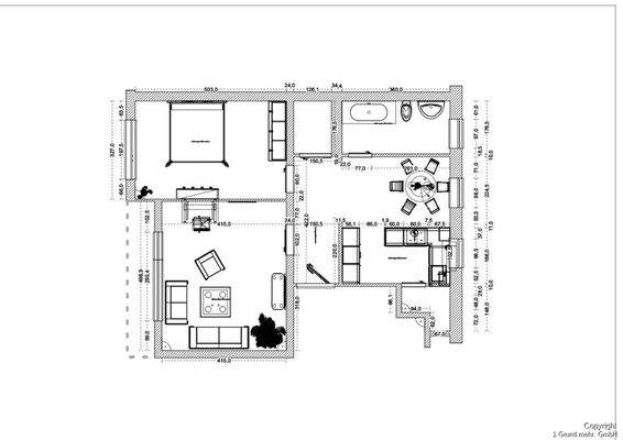Möblierungsvorschlag vermaßt mit Balkon