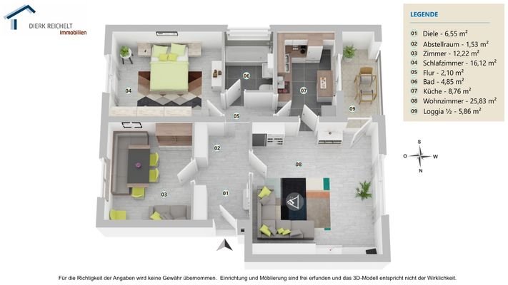 3D-Modell 3 Zimmer Wohnung