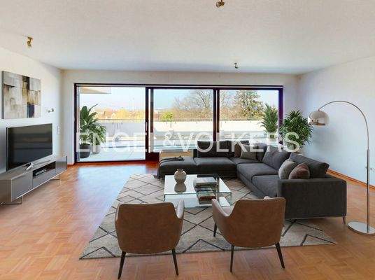 Wohn- und Esszimmer mit Blick auf die Terrasse (virtuelle Möblierung)