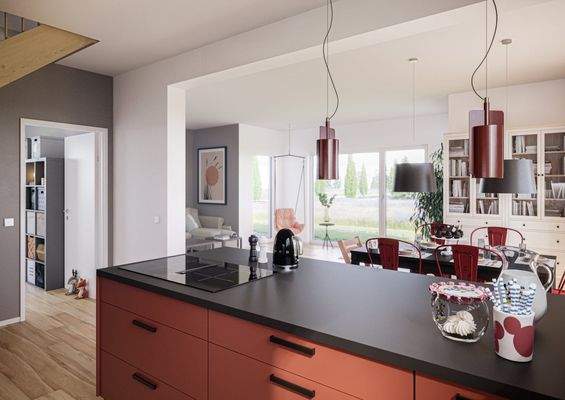 Küche mit Blick ins Wohnzimmer