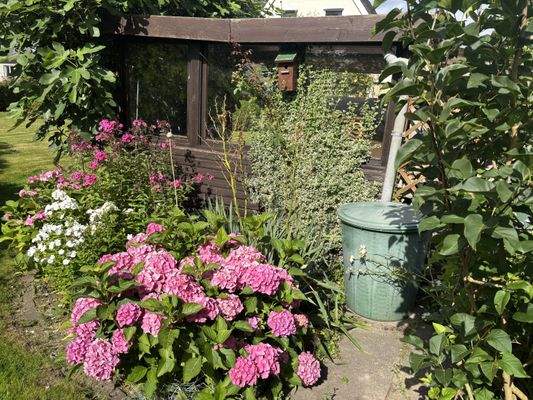 Gartenhaus auf dem Grundstück mit Haus