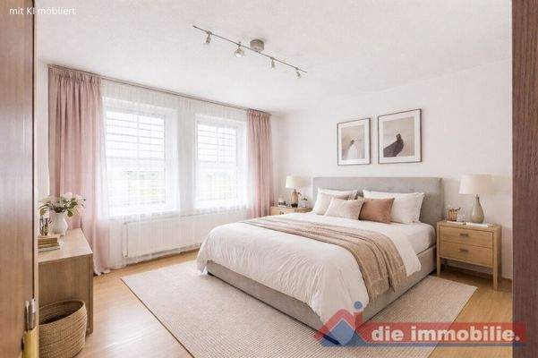 Angenehmer Rückzugsort mit wohnlicher Raumwirkung - Schlafzimmer mit KI möbliert