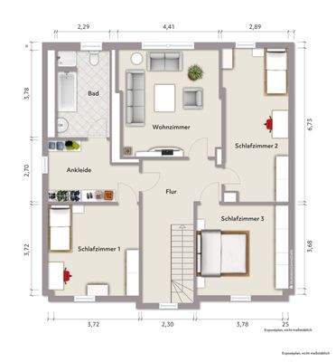 Grundriss Dachgeschoss (nicht maßstabsgerecht, Möblierungsbeispiel)
