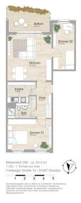 Grundriss farbig / möbliert